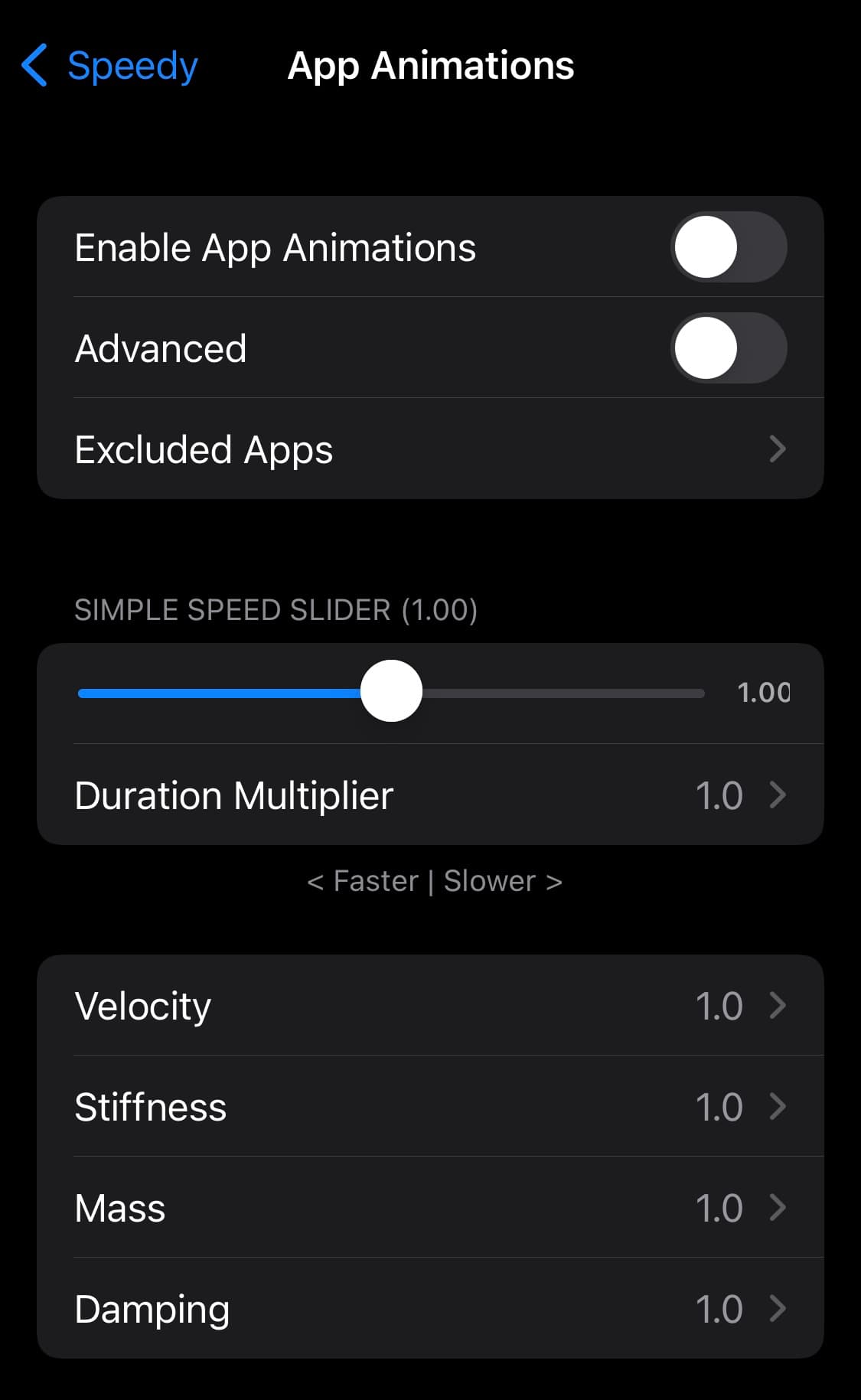 Speedy app animations preference pane.