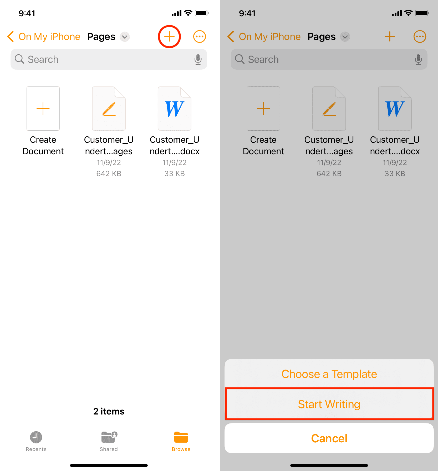 Start Writing in Pages app on iPhone