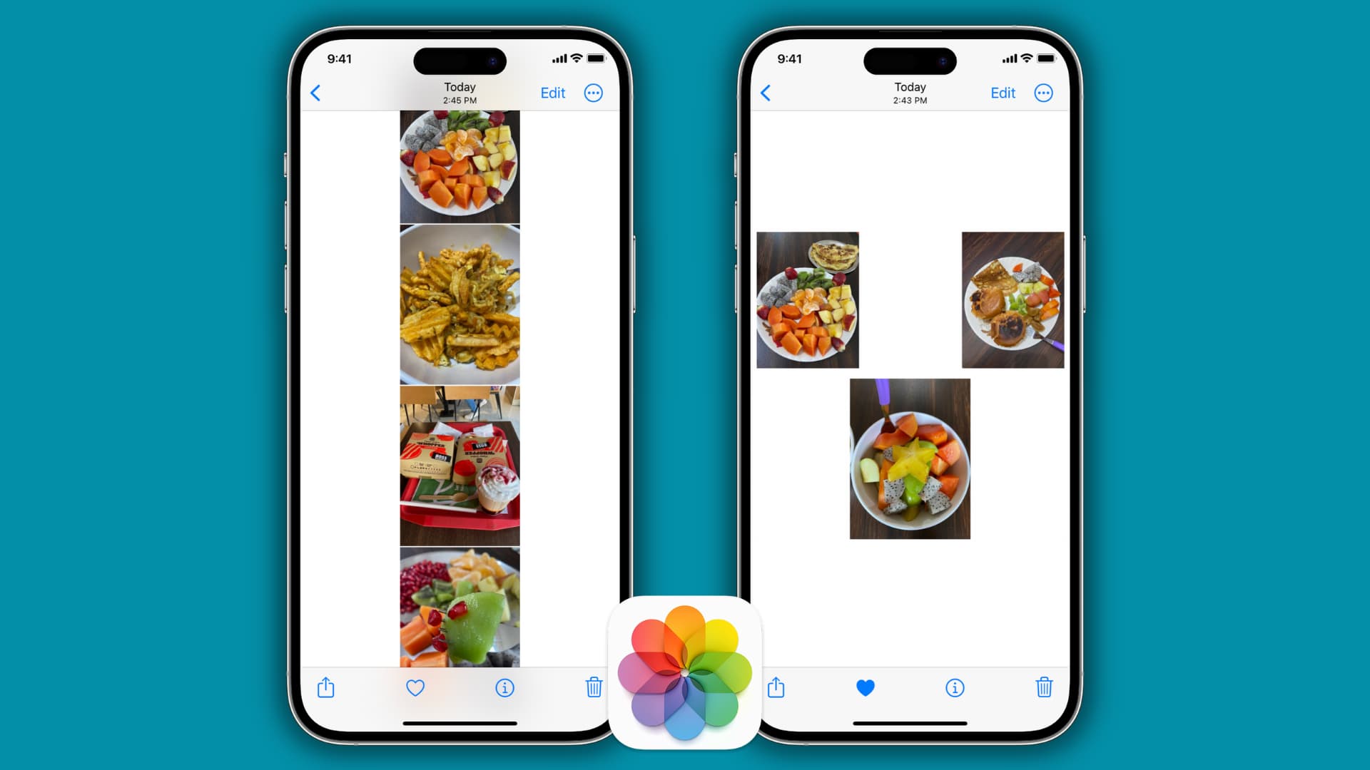 Two iPhones with one showing multiple pictures stitched into one and the other showing three images as a collage in one photo