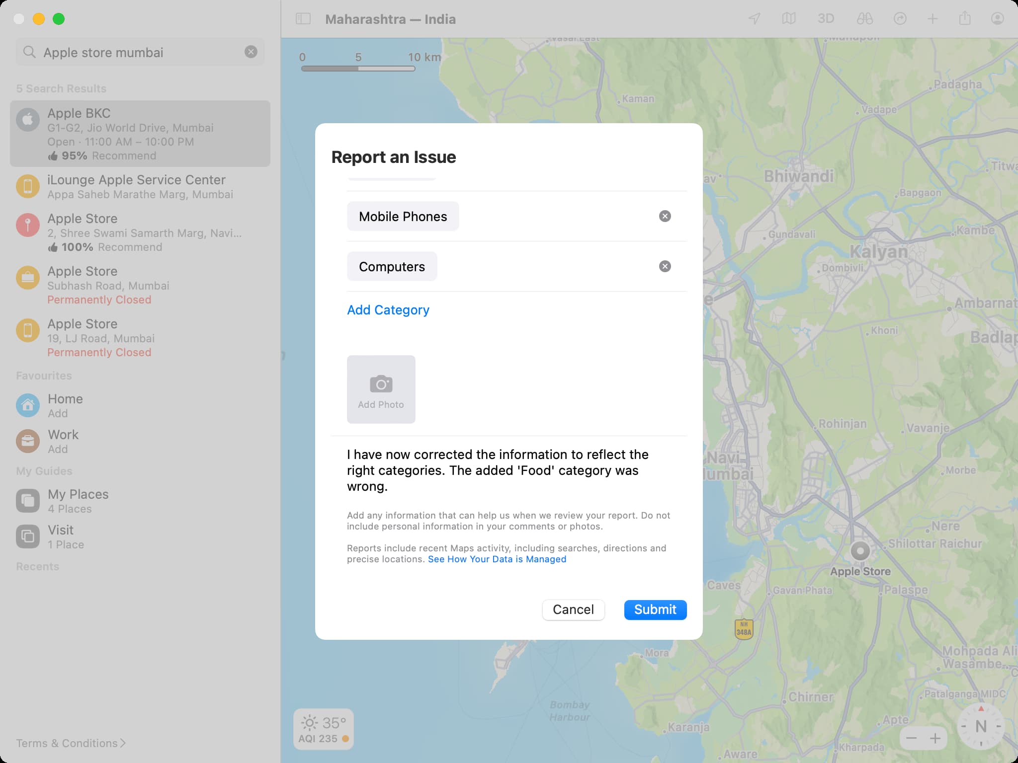 Submit problem in Apple Maps on Mac