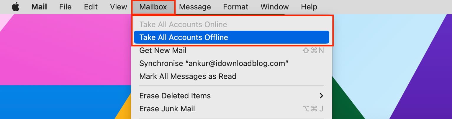 Take All Accounts Offline and online in Mac Mail app
