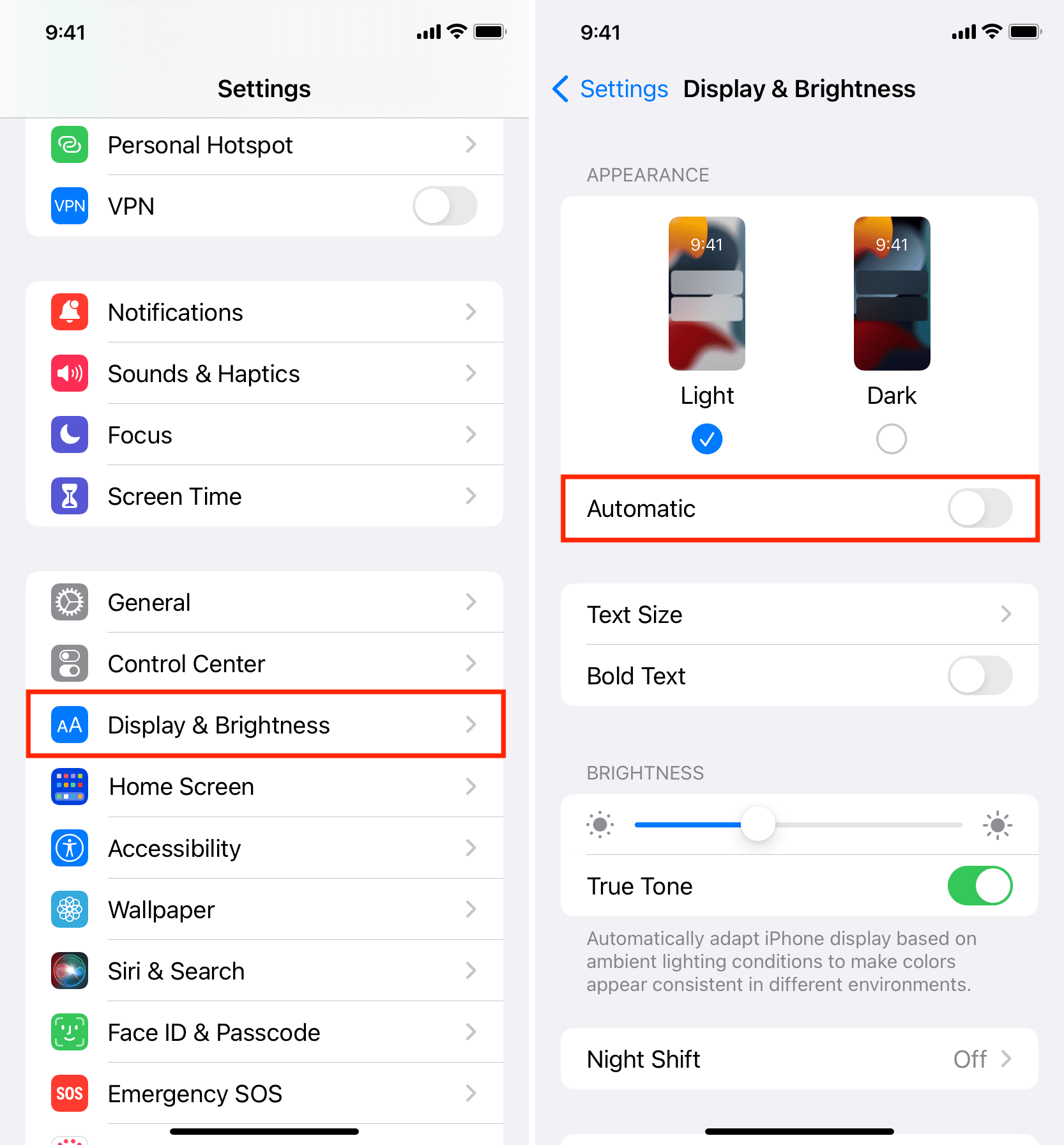 Turn off Automatic Dark Mode from iPhone display settings
