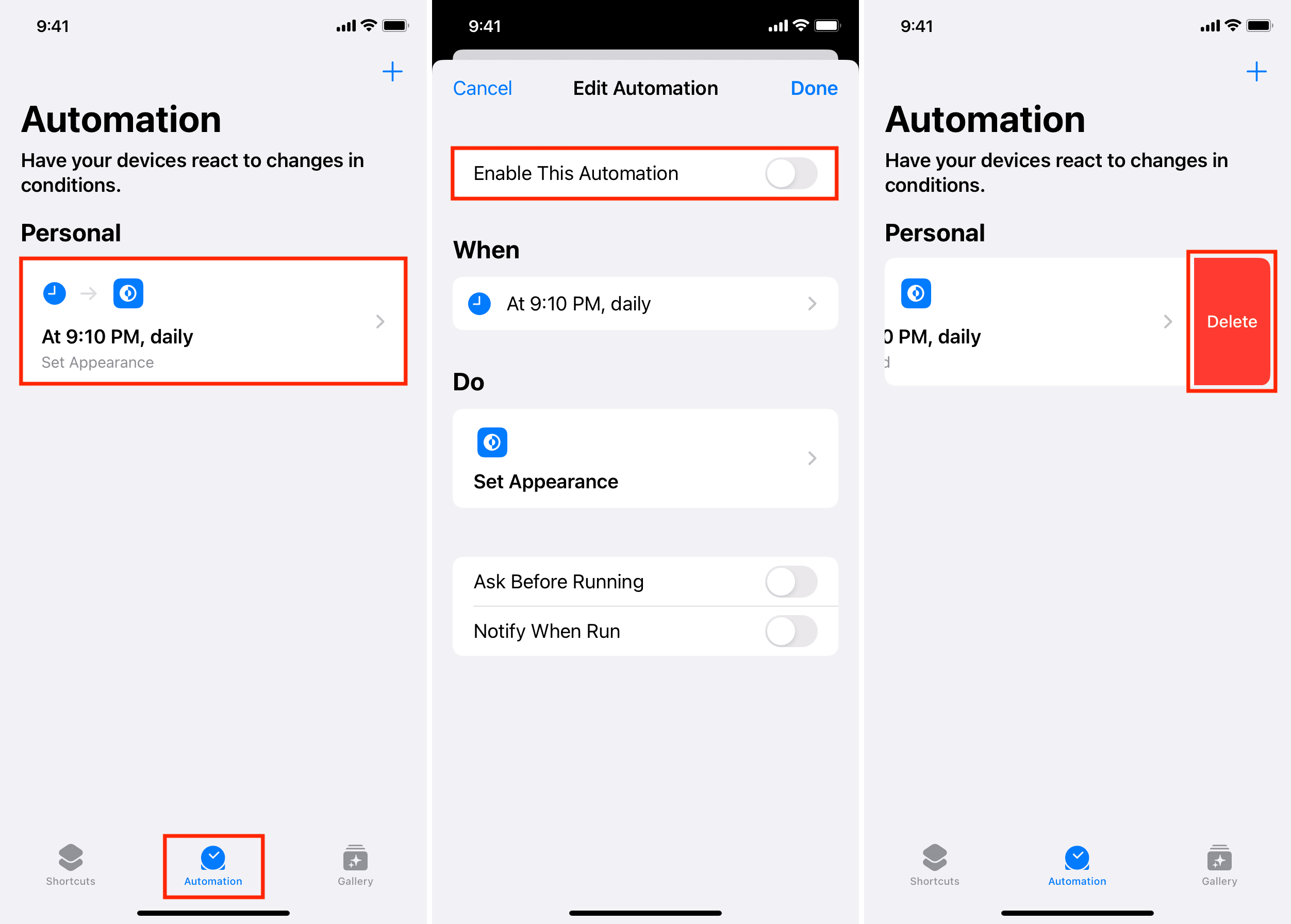 Turn off Dark Mode Automation from iPhone Shortcuts app