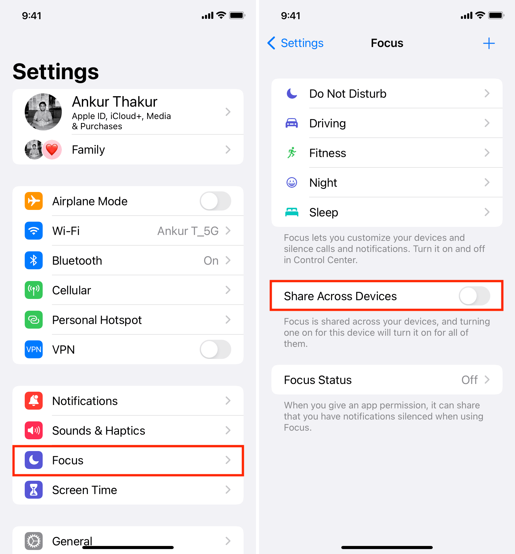 Turn off Share Across Devices in iPhone Focus settings