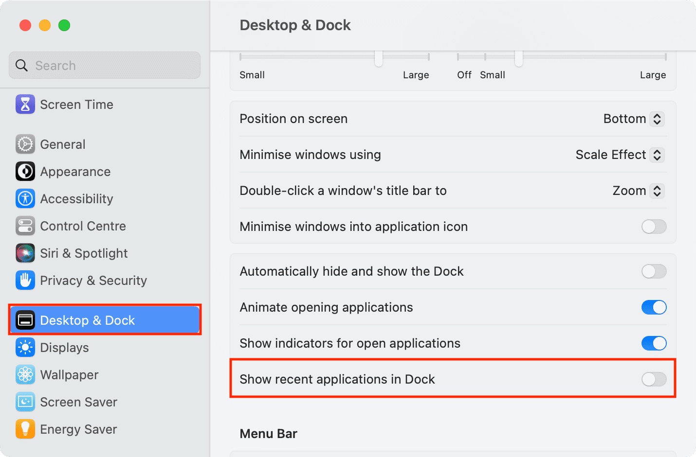 Turn off Show recent applications in Dock on Mac