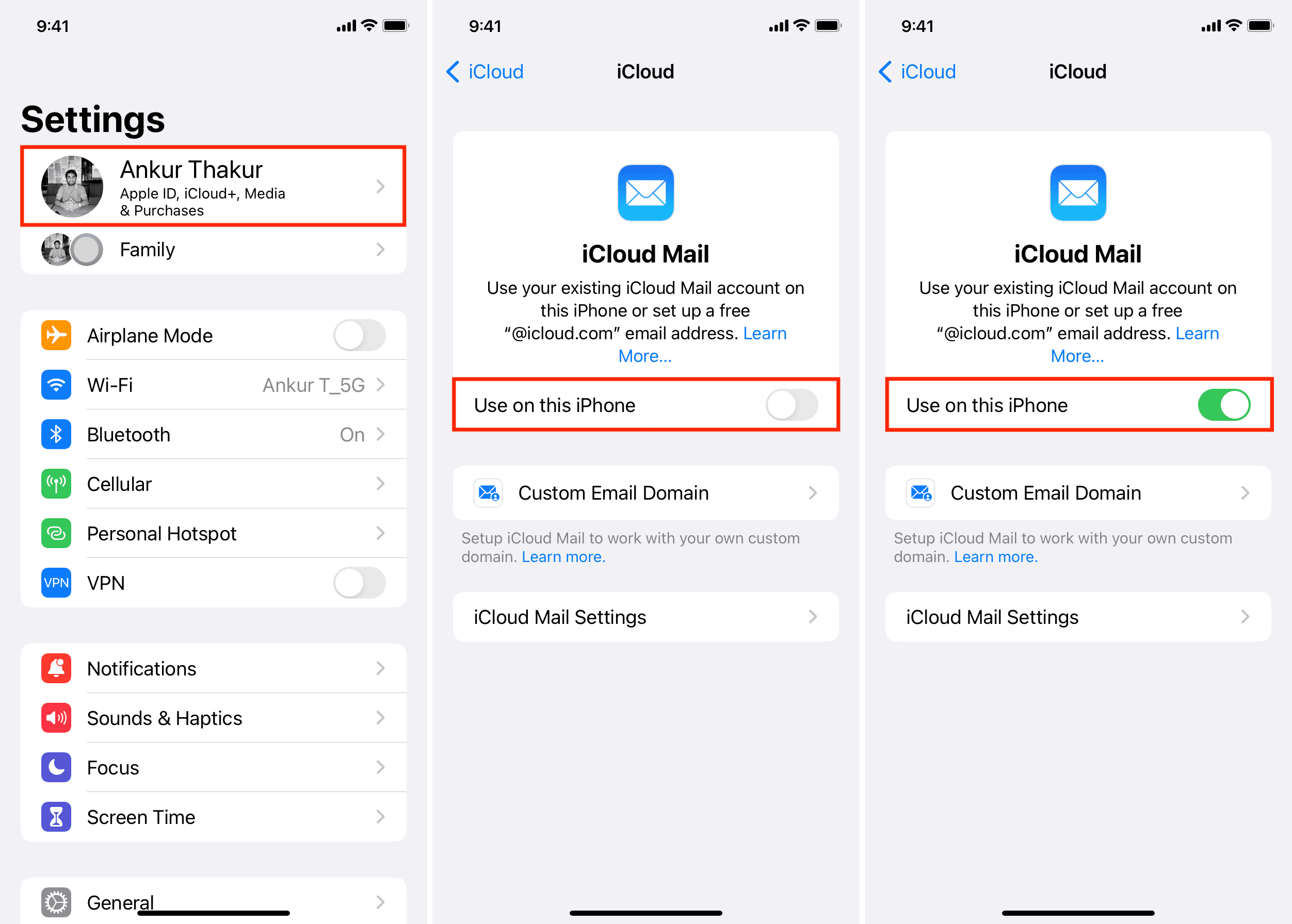 Turn off iCloud Mail on iPhone and turn it back on