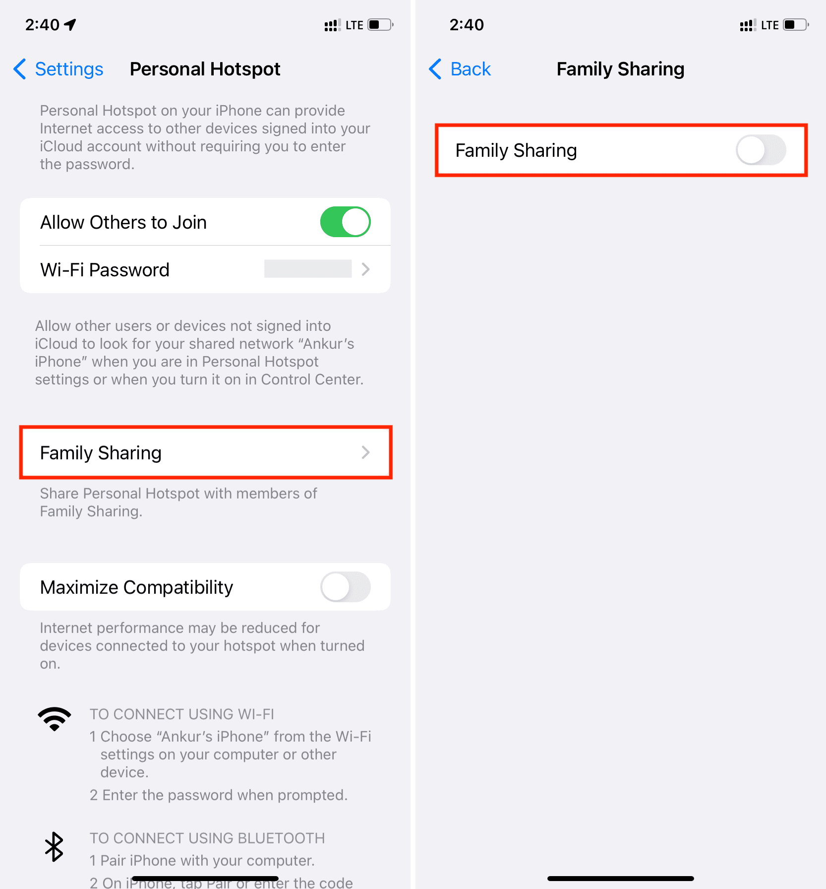 Turn off iPhone Personal Hotspot for family members
