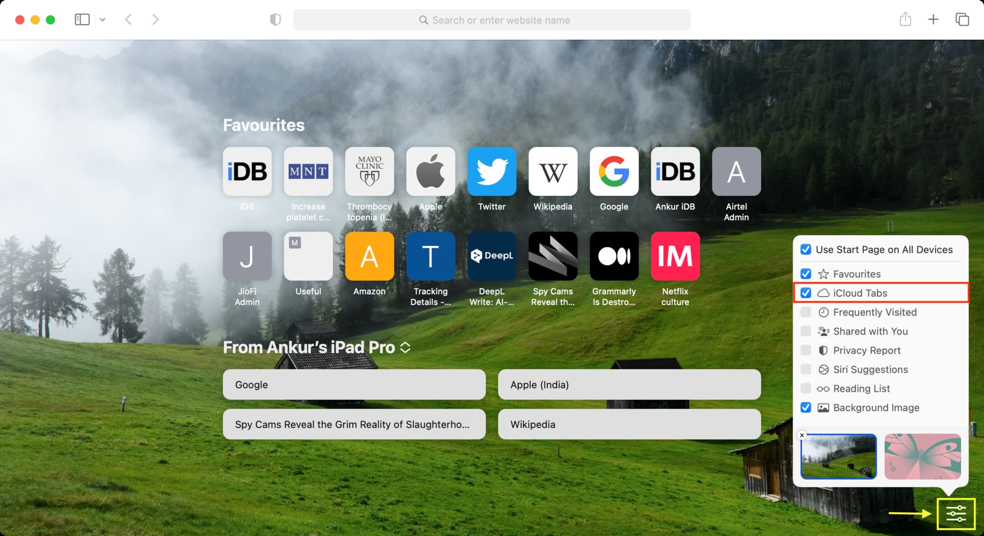 Turn on iCloud Tabs in from Safari Start Page on Mac