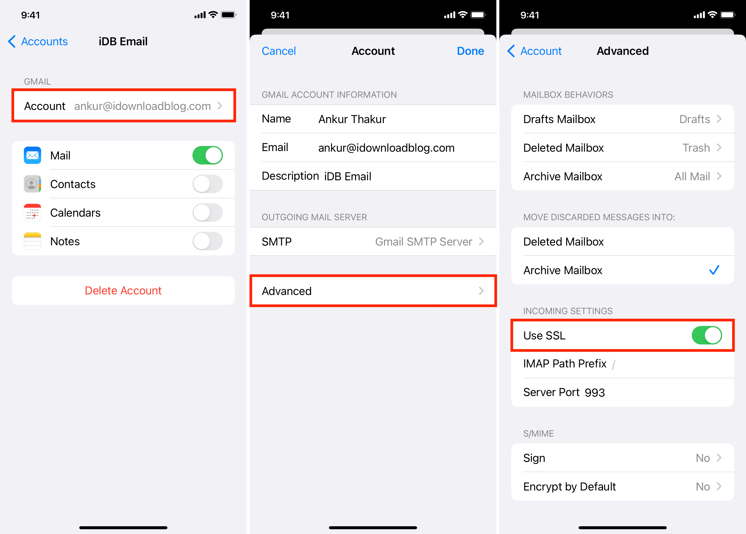 Use SSL in Google account settings on iPhone