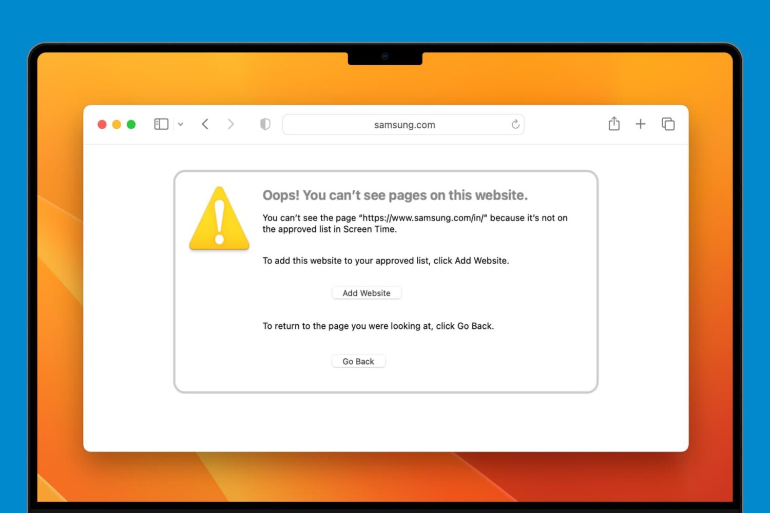 Website blocked alert in Safari on a MacBook
