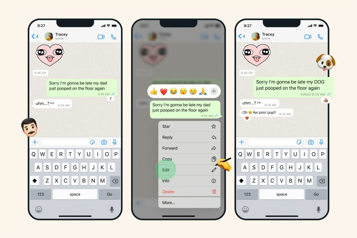 Three iPhone screenshots showcasing message editing on WhatsApp