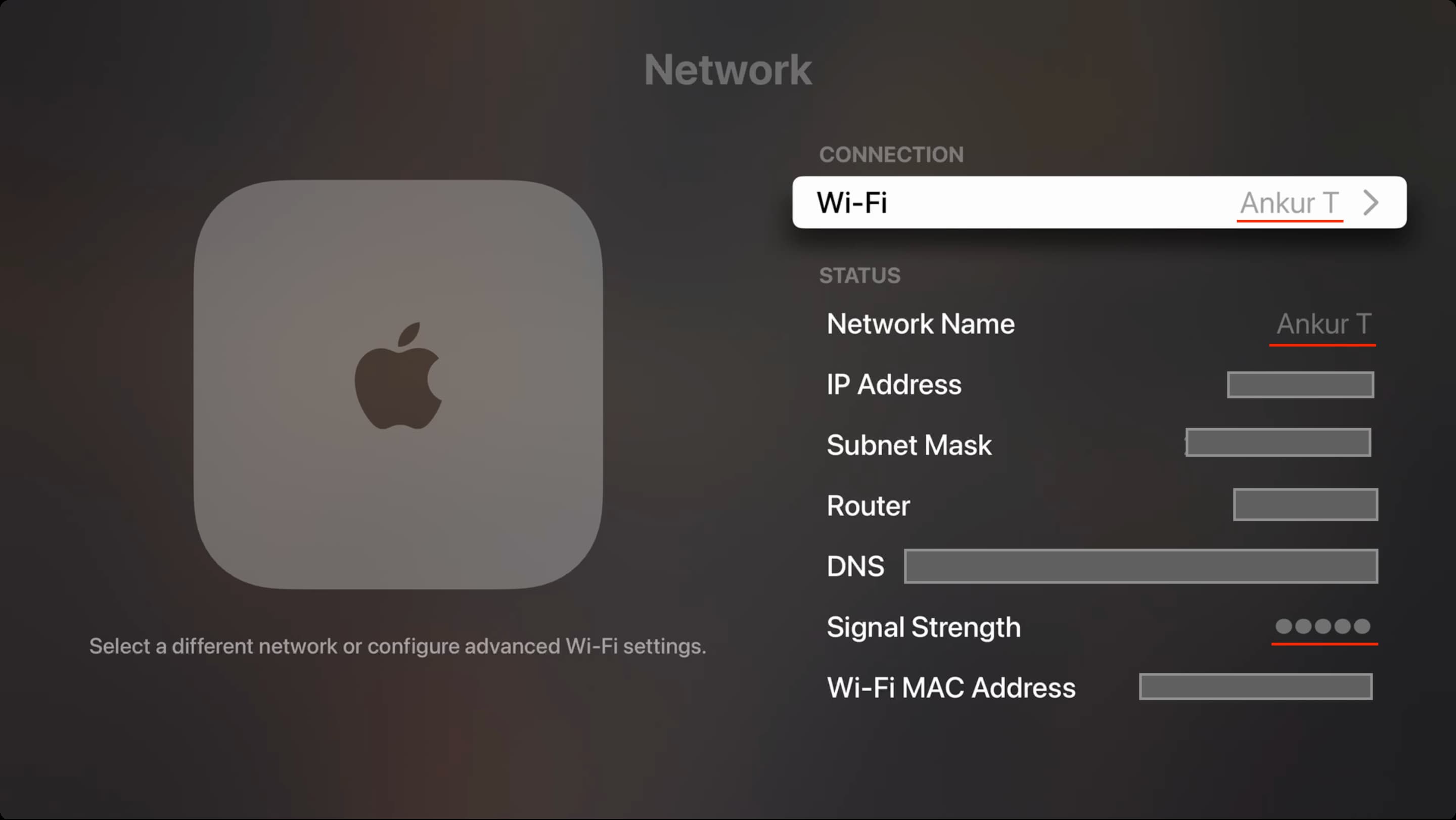 Wi-Fi settings screen on Apple TV showing the connected Wi-Fi network and the Wi-Fi signal strength
