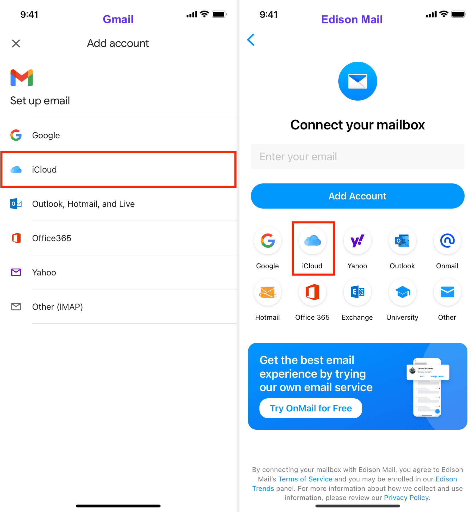 iCloud option in Gmail and Edison Mail apps on iPhone