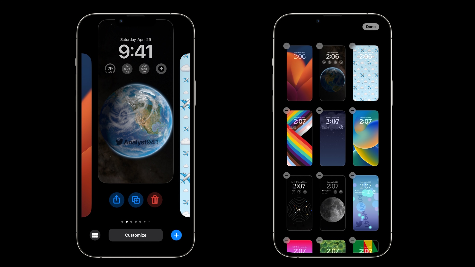 iPhone mockups showcasing the rumored wallpaper grid view in iOS 17