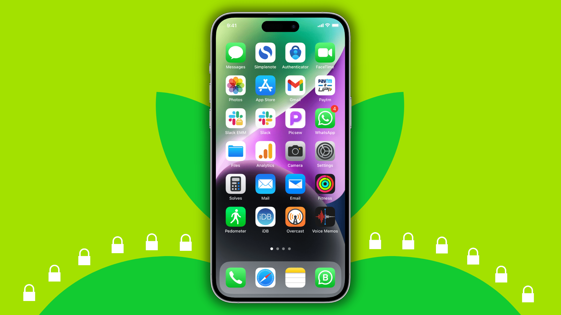 iPhone Home Screen showing its app and several tiny lock icons signifying privacy