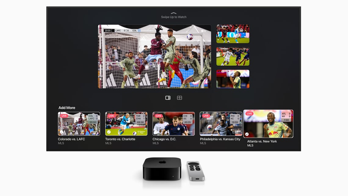 Marketing image showcasing the multiview feature on Apple TV 4K for watching four simultaneous sports streams