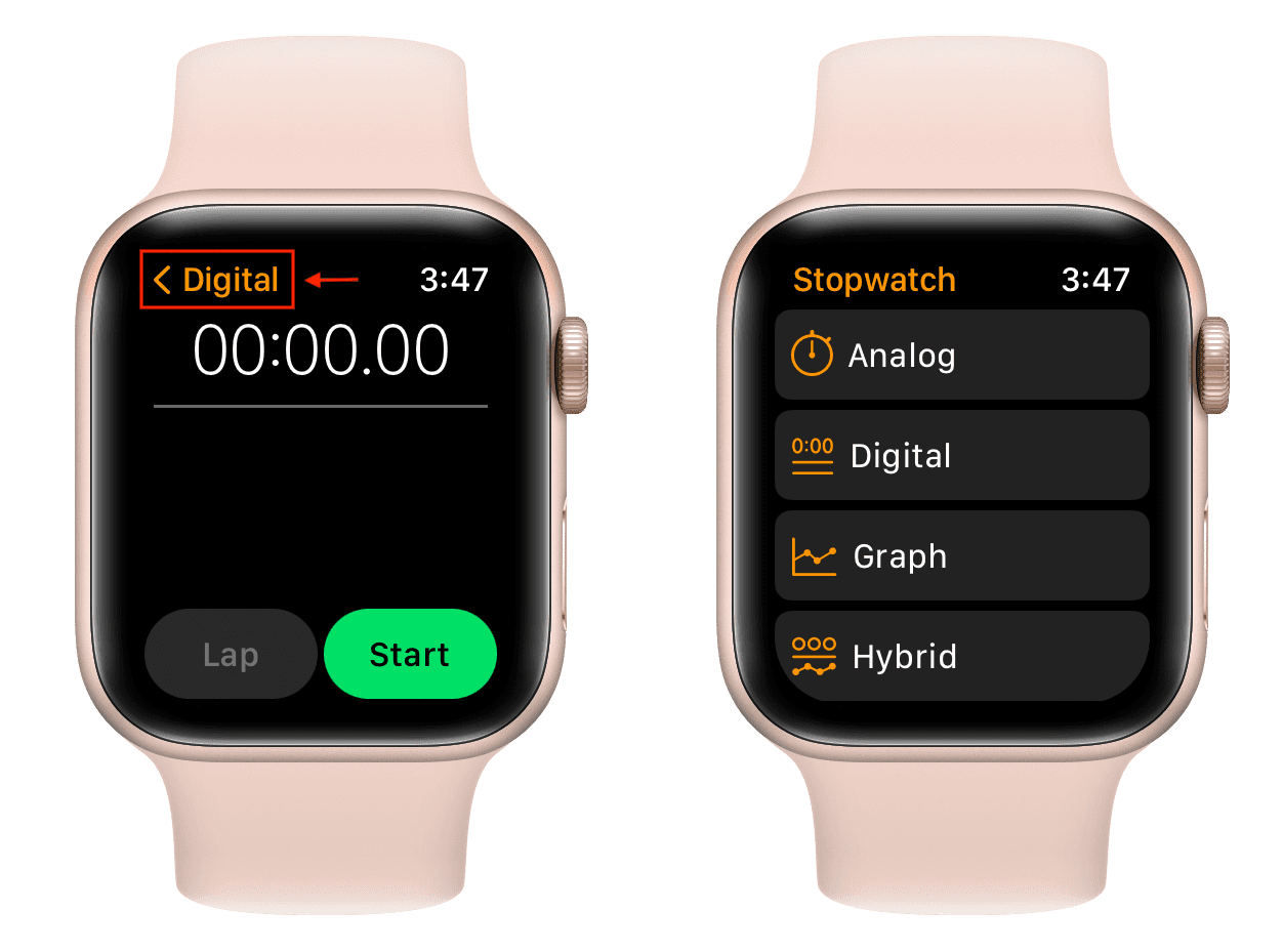 Analog, Digital, Graph, and Hybrid stopwatch styles on Apple Watch