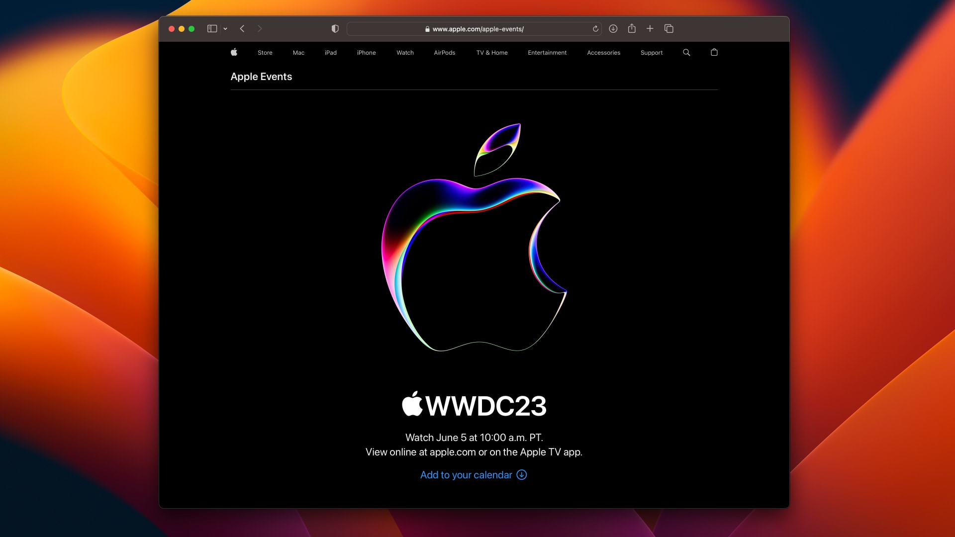 The WWDC 2023 section on the Apple Events page in Safari for Mac