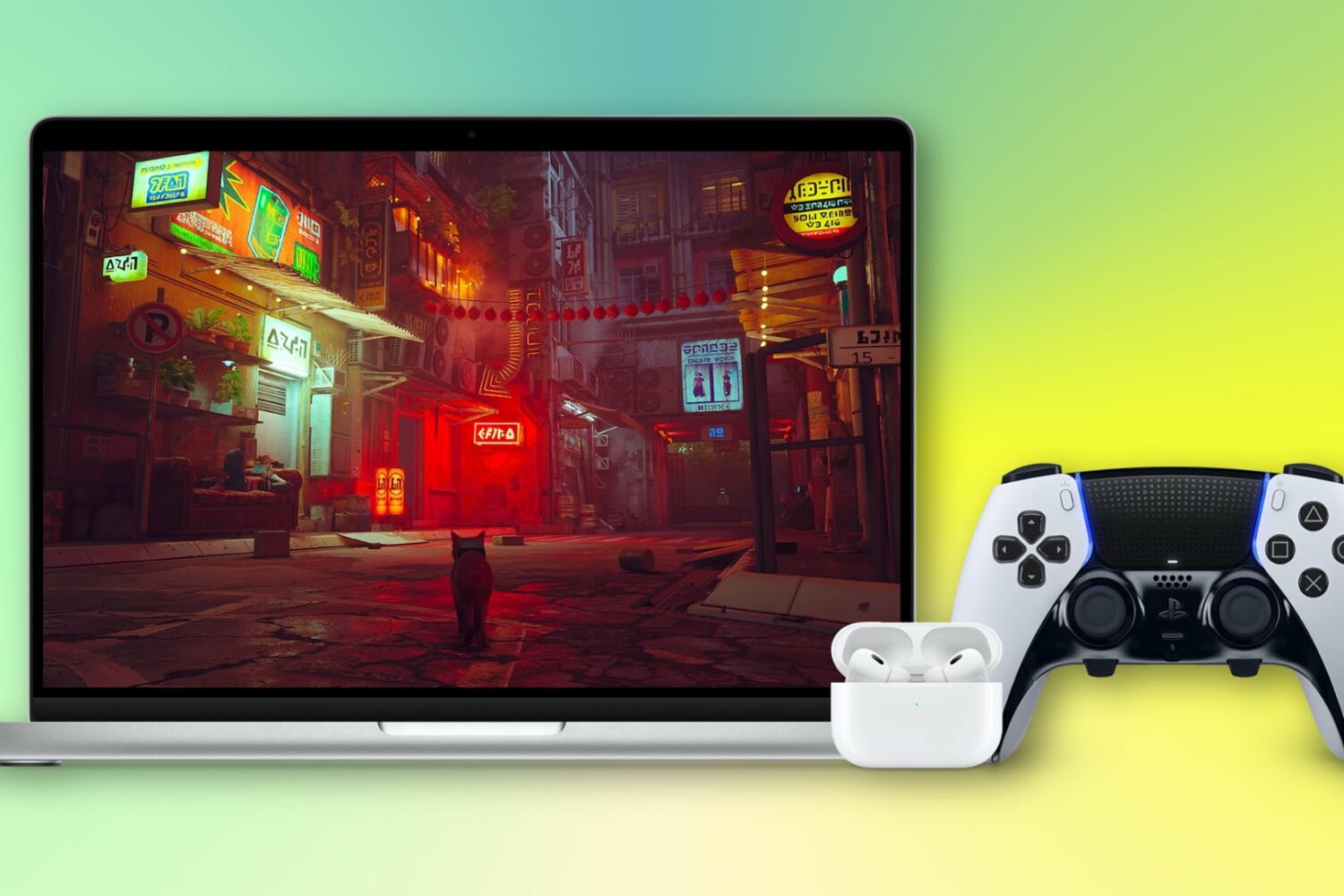 The Stray game running on MacBook Pro, with AirPods and PS5 controller next to the laptop