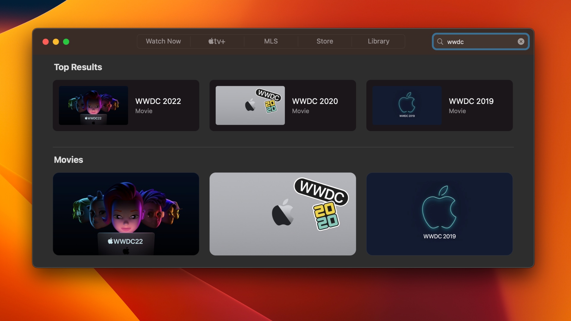 Using search in Apple's TV app on a Mac to surface WWDC keynote videos