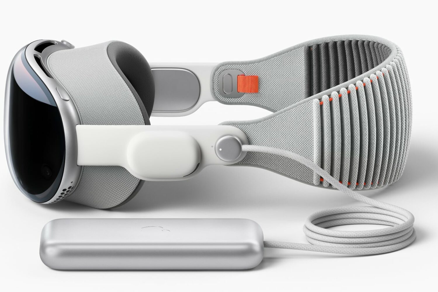 The left side of Apple's Vision Pro headset with its external battery pack