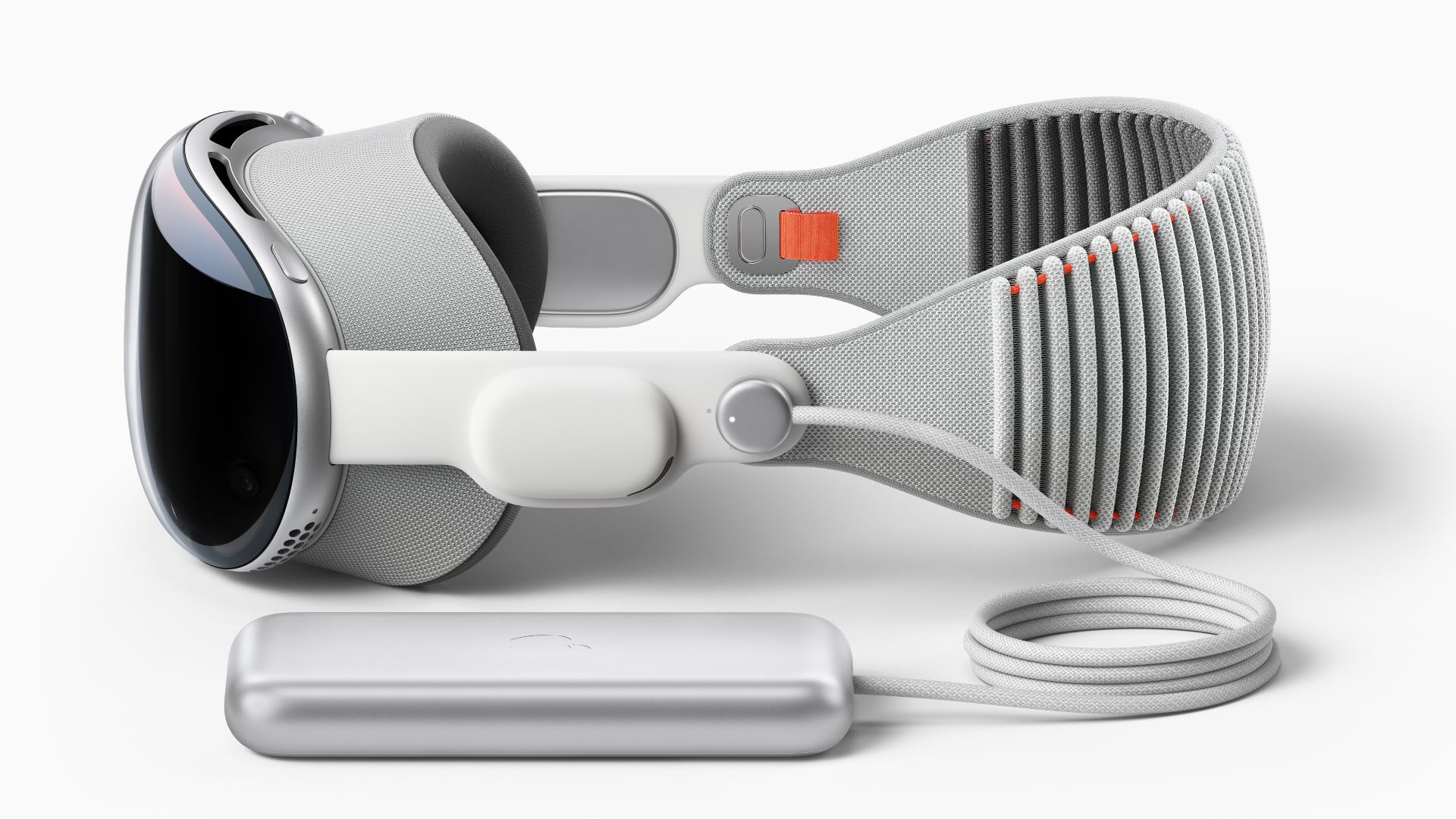 The left side of Apple's Vision Pro headset with its external battery pack