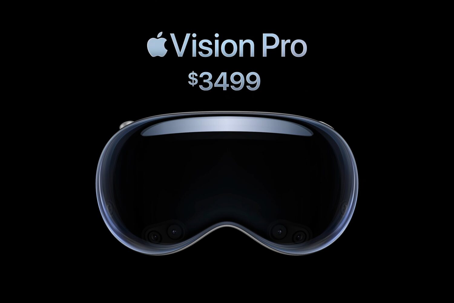 Vision Pro headset along with its name and price, set against a solid dark background