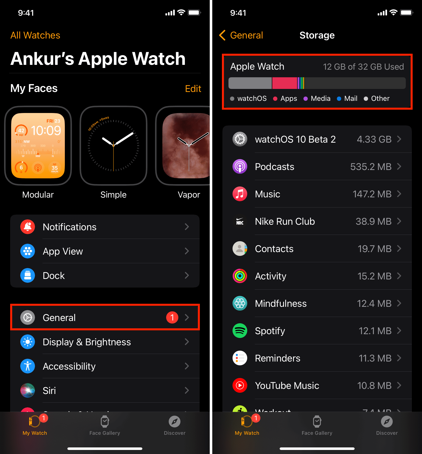 Apple Watch storage details in iOS Watch app