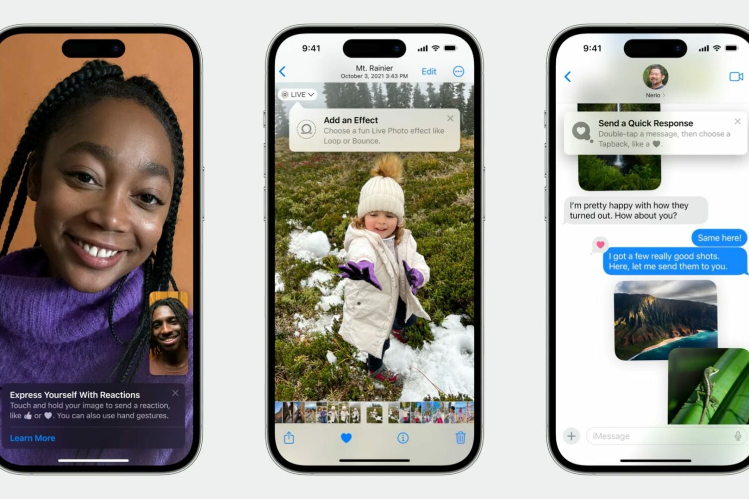Three iPhone screenshots showing tooltips in FaceTime, Photos and Messages
