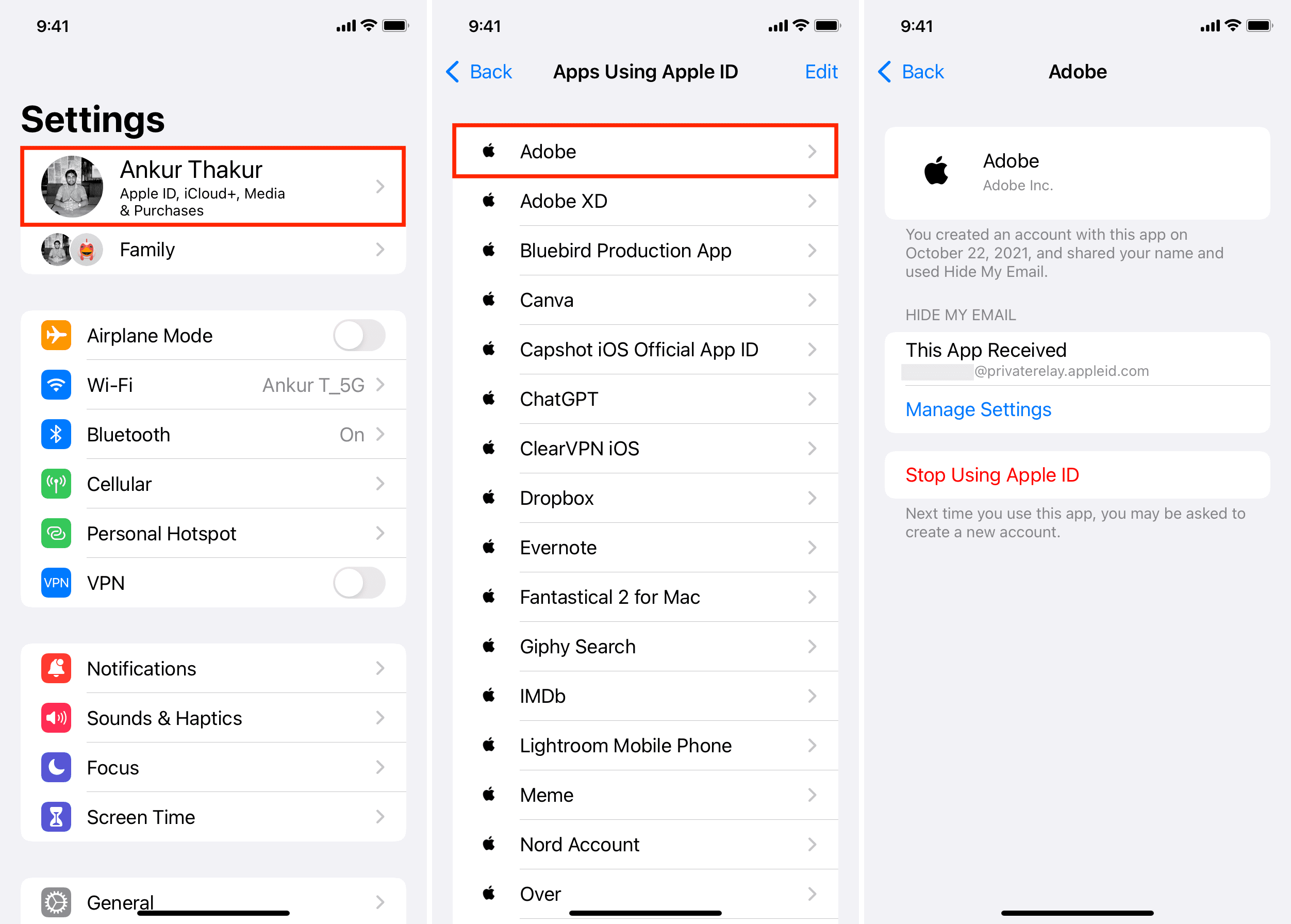 Apps Using Apple ID listed in iPhone Settings