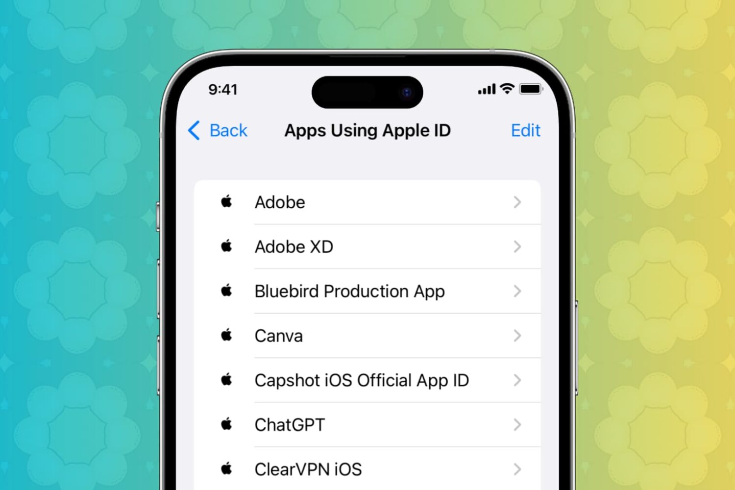 Apps using Apple ID listed in iPhone settings