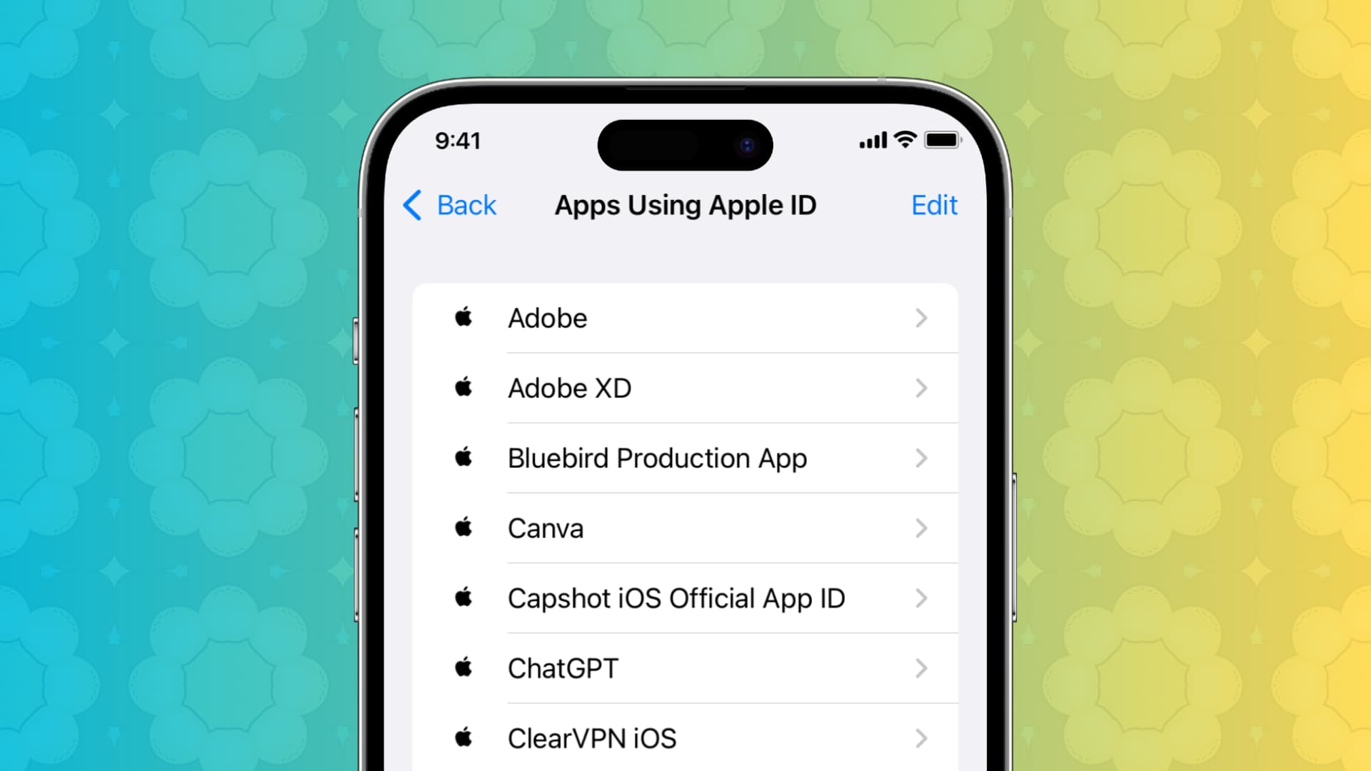 Apps using Apple ID listed in iPhone settings