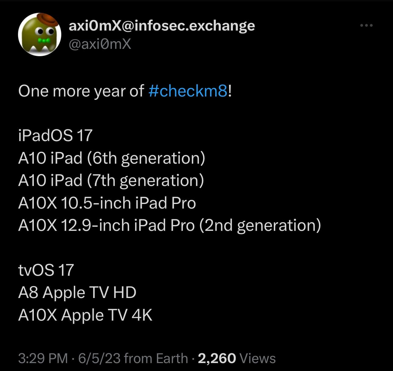 Supported checkm8 devices iPadOS 17 and tvOS 17.