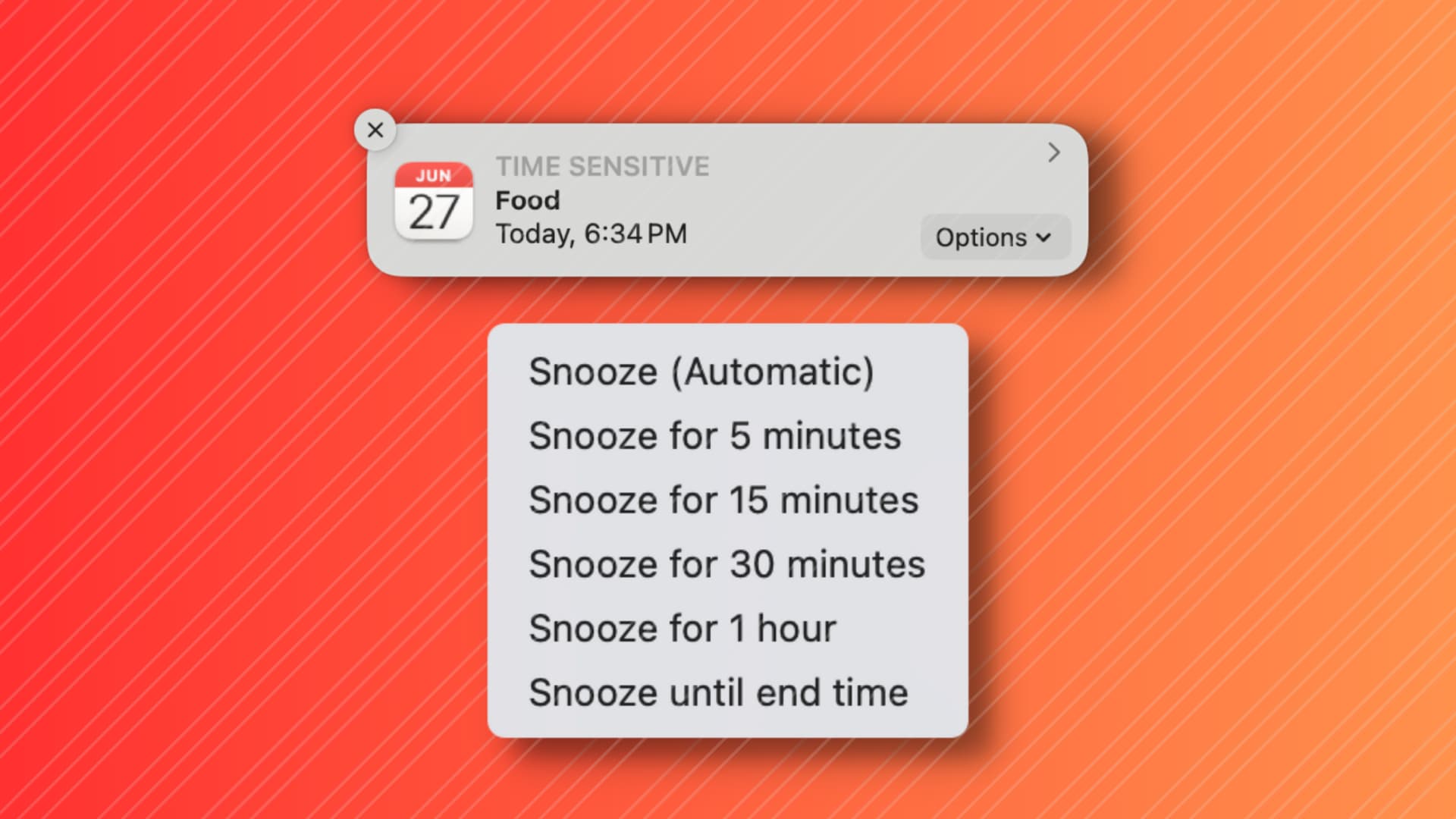 Options to snooze Calendar alert notification on Mac