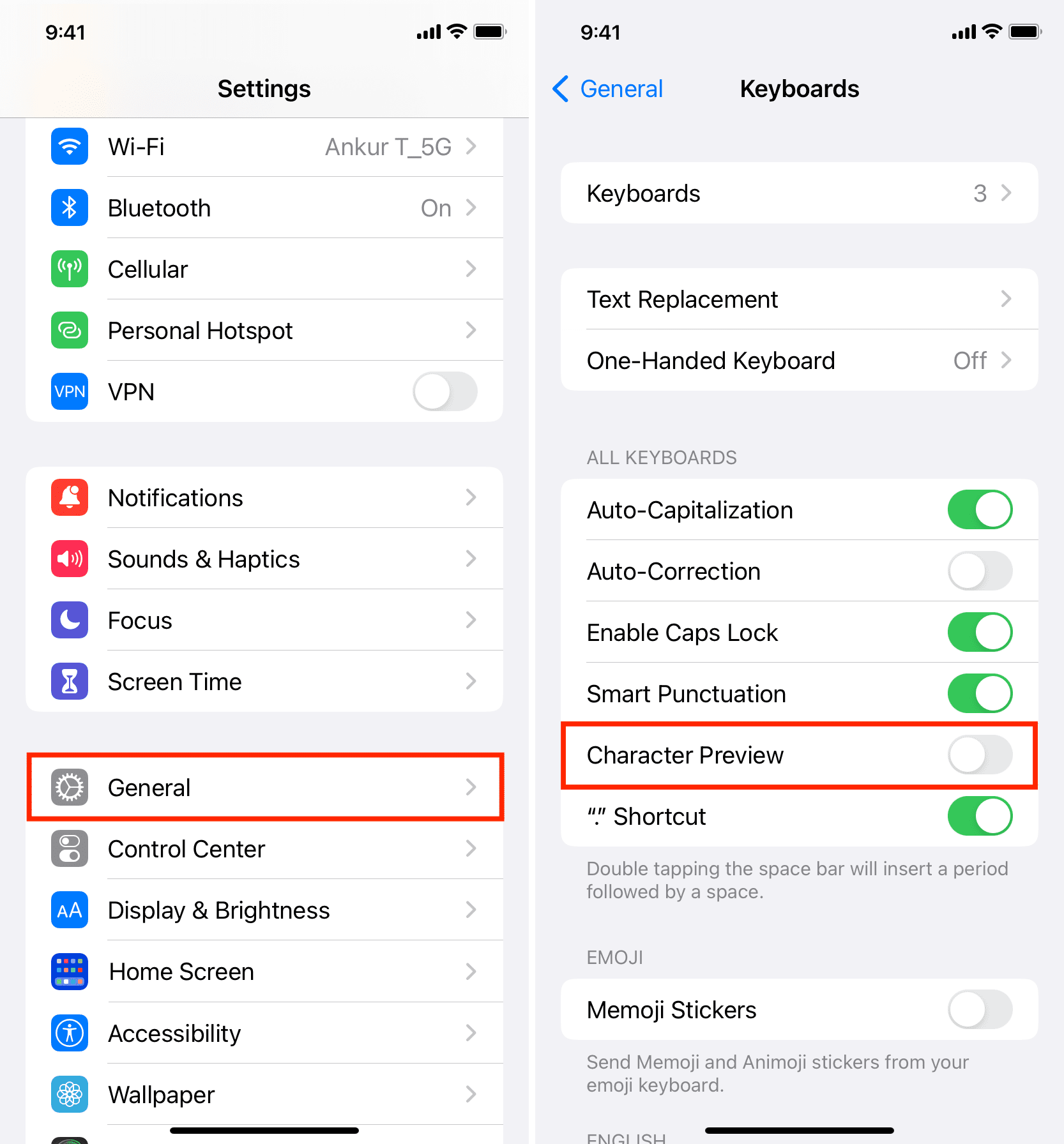 Character Preview turned off in iPhone keyboard settings