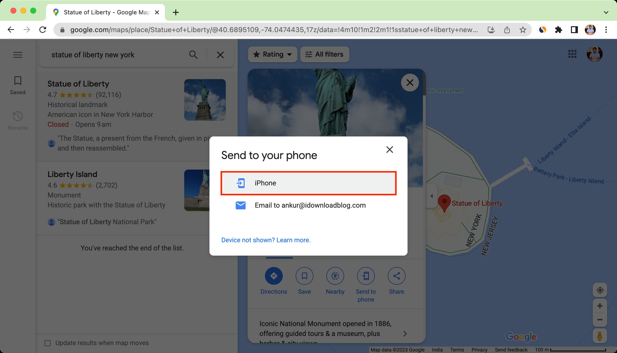 Choose your iPhone to send from Google Maps on computer