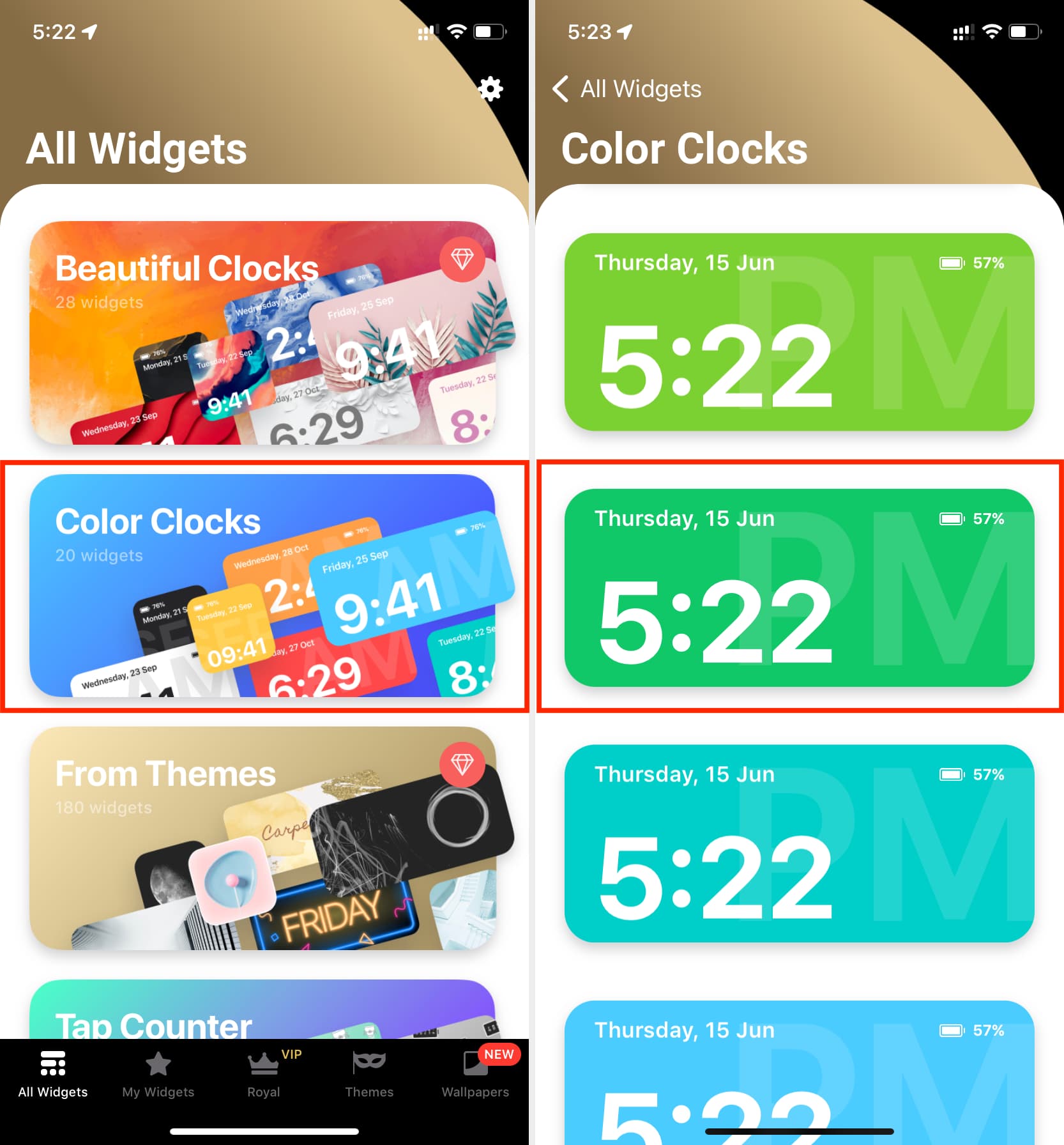 Color Clocks in Widgets GO app on iPhone