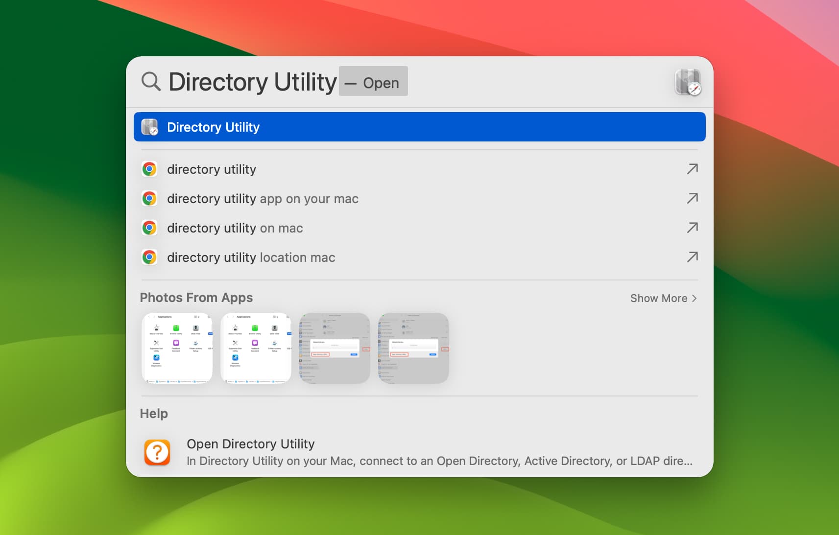 Directory Utility in Mac Spotlight Search