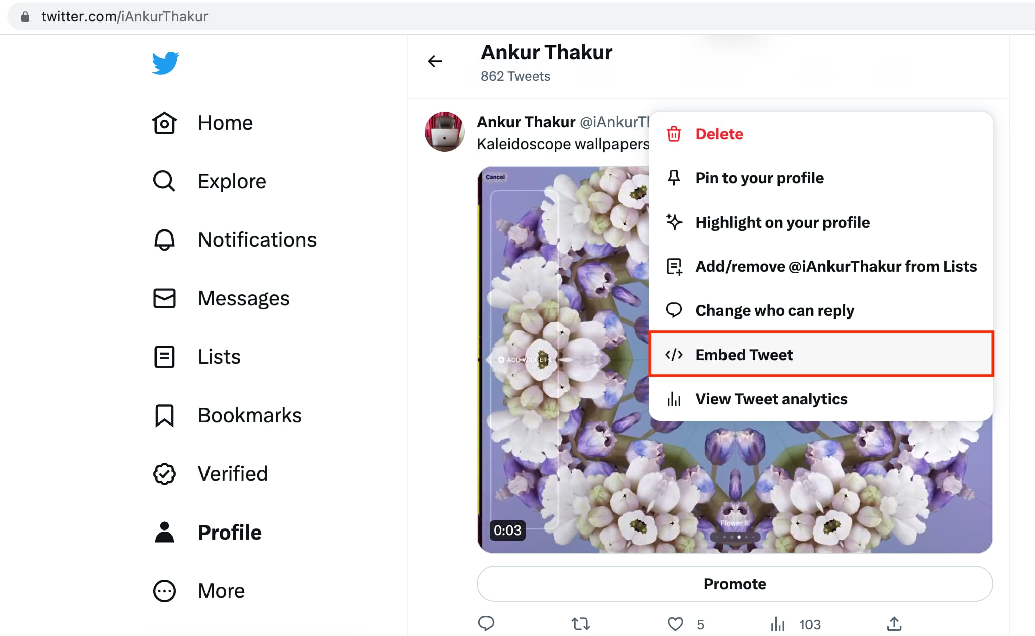 Embed Tweet option on Twitter in a web browser