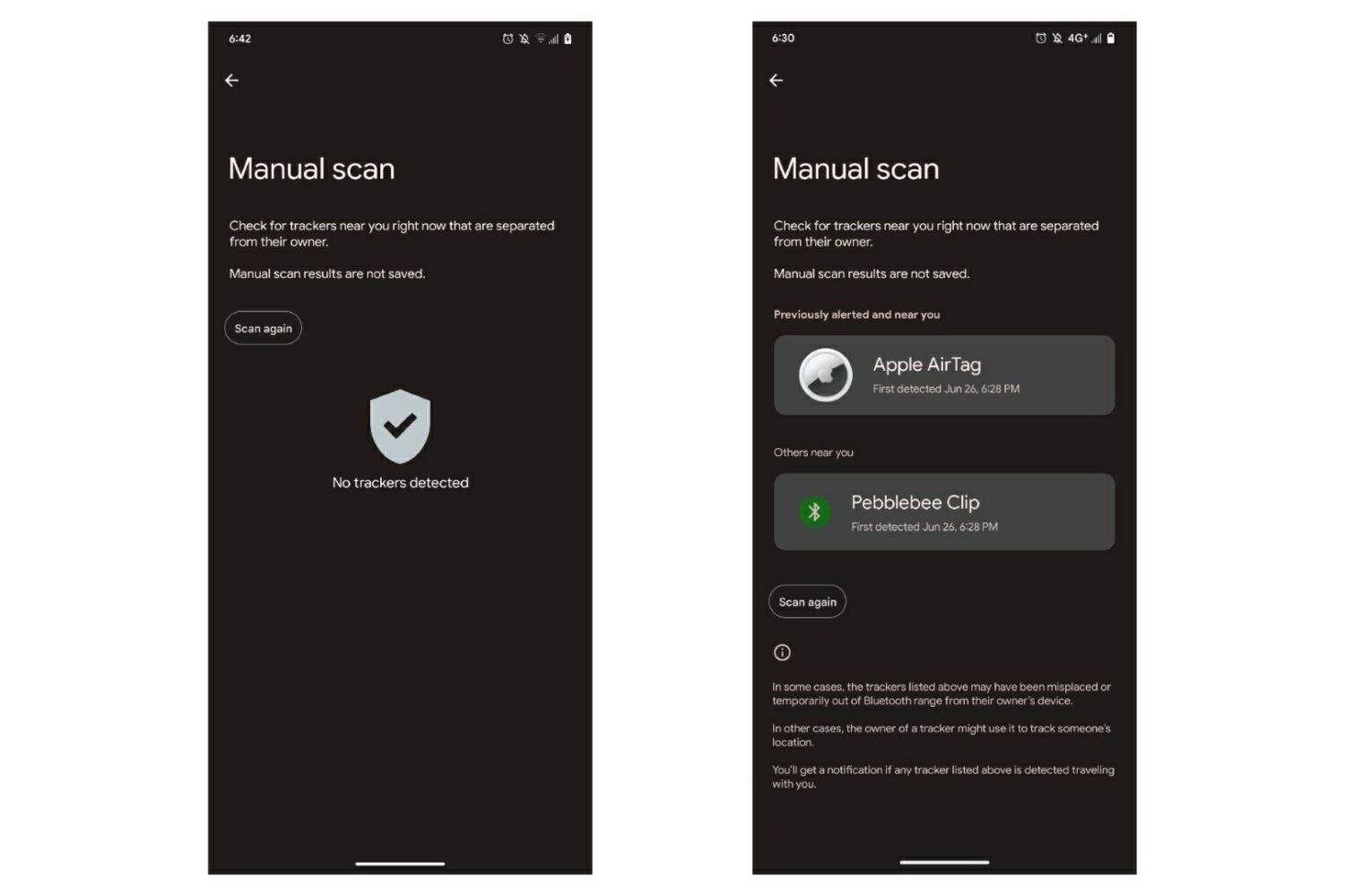 Manual scanning showing an AirTag in Google's Android tracking app