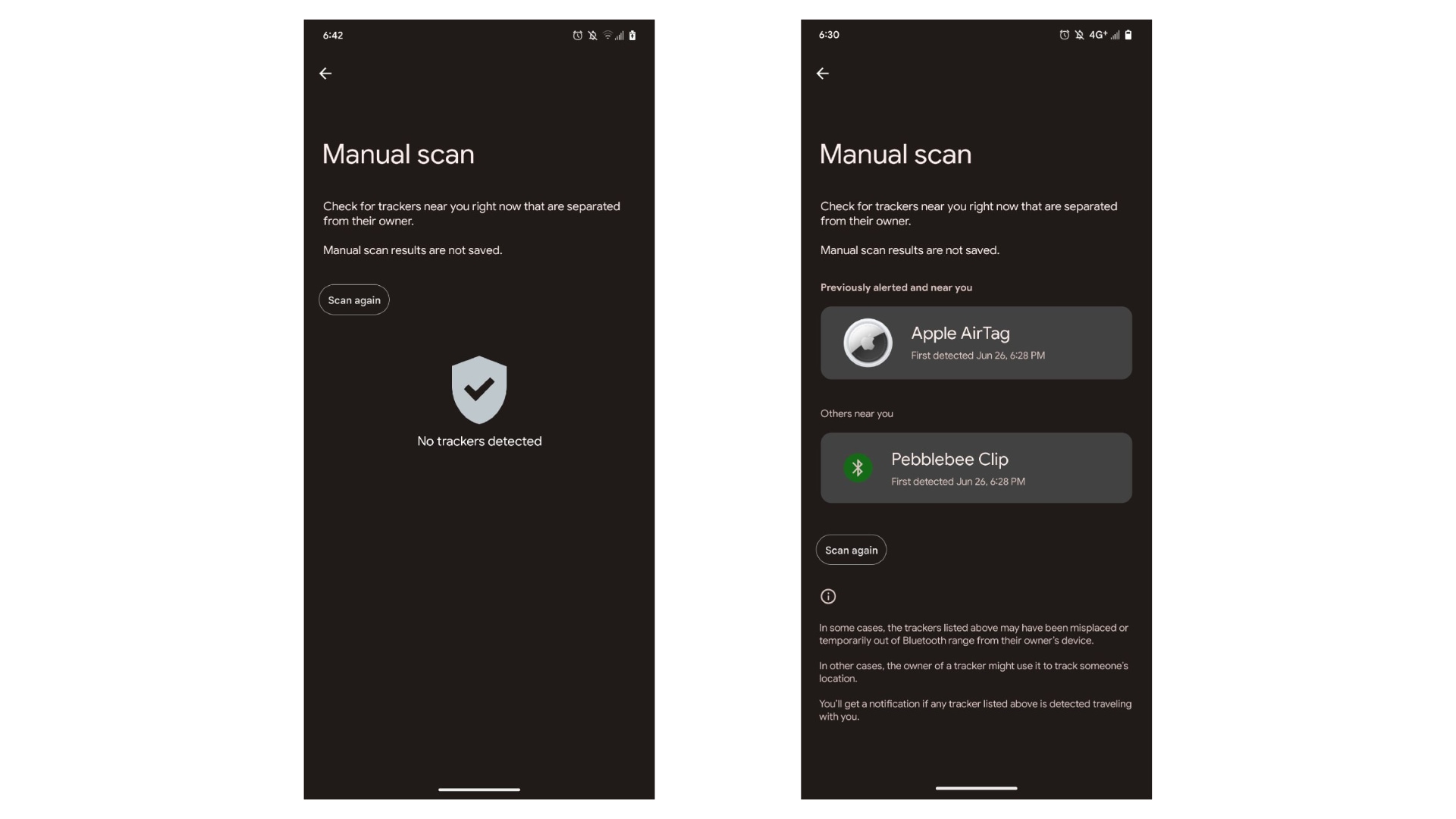 Manual scanning showing an AirTag in Google's Android tracking app