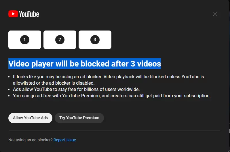 YouTube's prompt cautioning the user to disable ad blockers