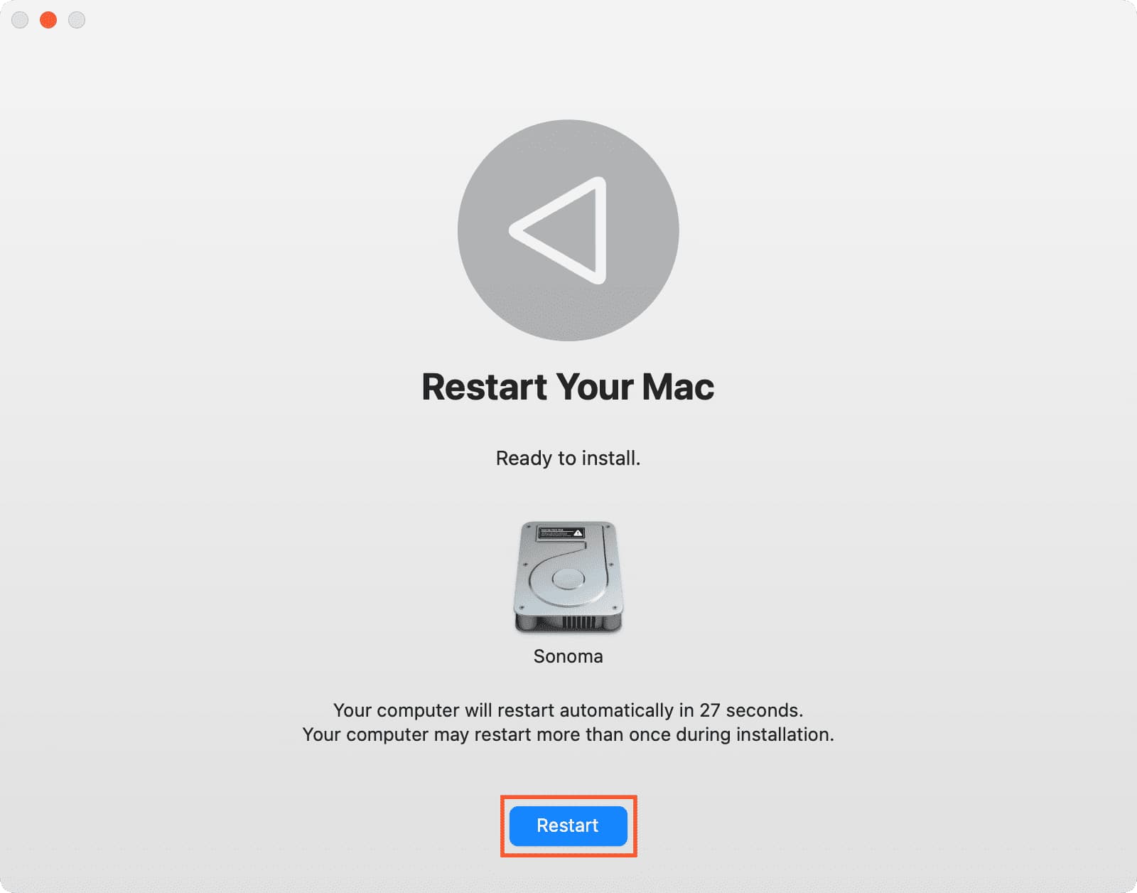 Hit restart to finish macOS Sonoma installation on different volume