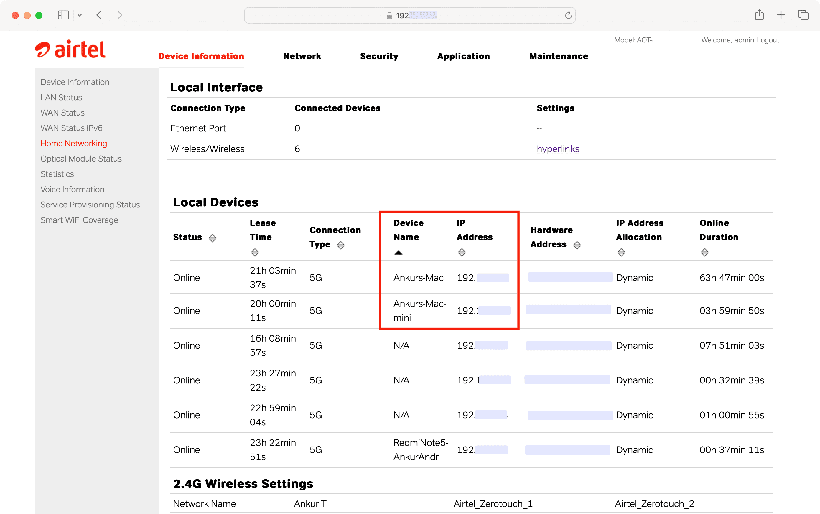 IP address of connected devices on Wi-Fi router admin page