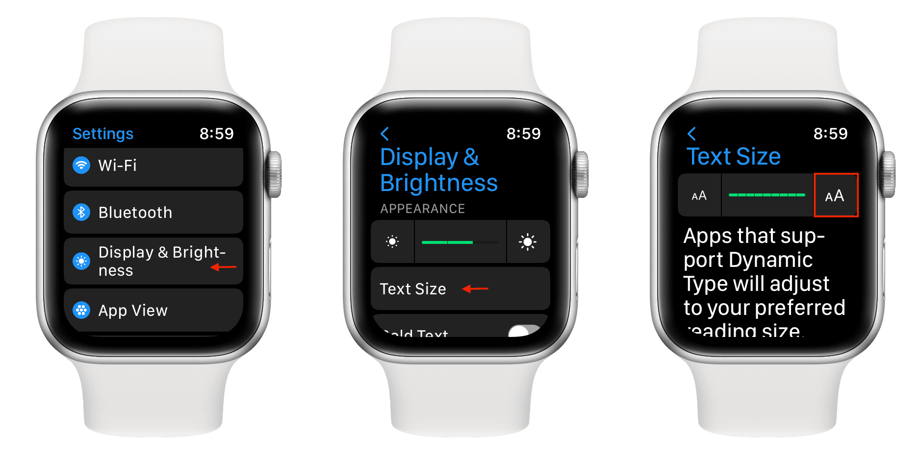 Increase Apple Watch text size from Display and Brightness settings