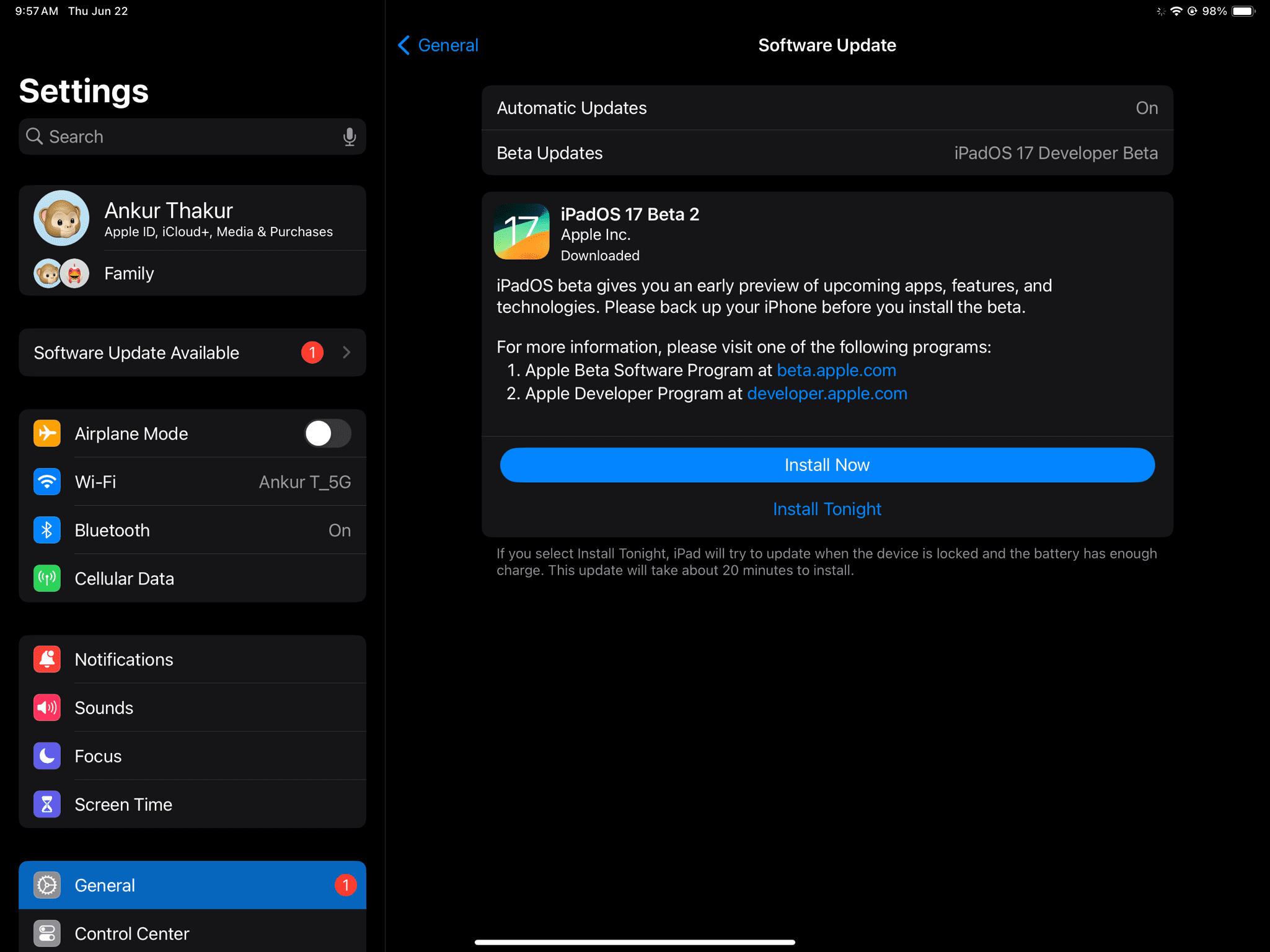 Install Now or Install Tonight buttons on iPad