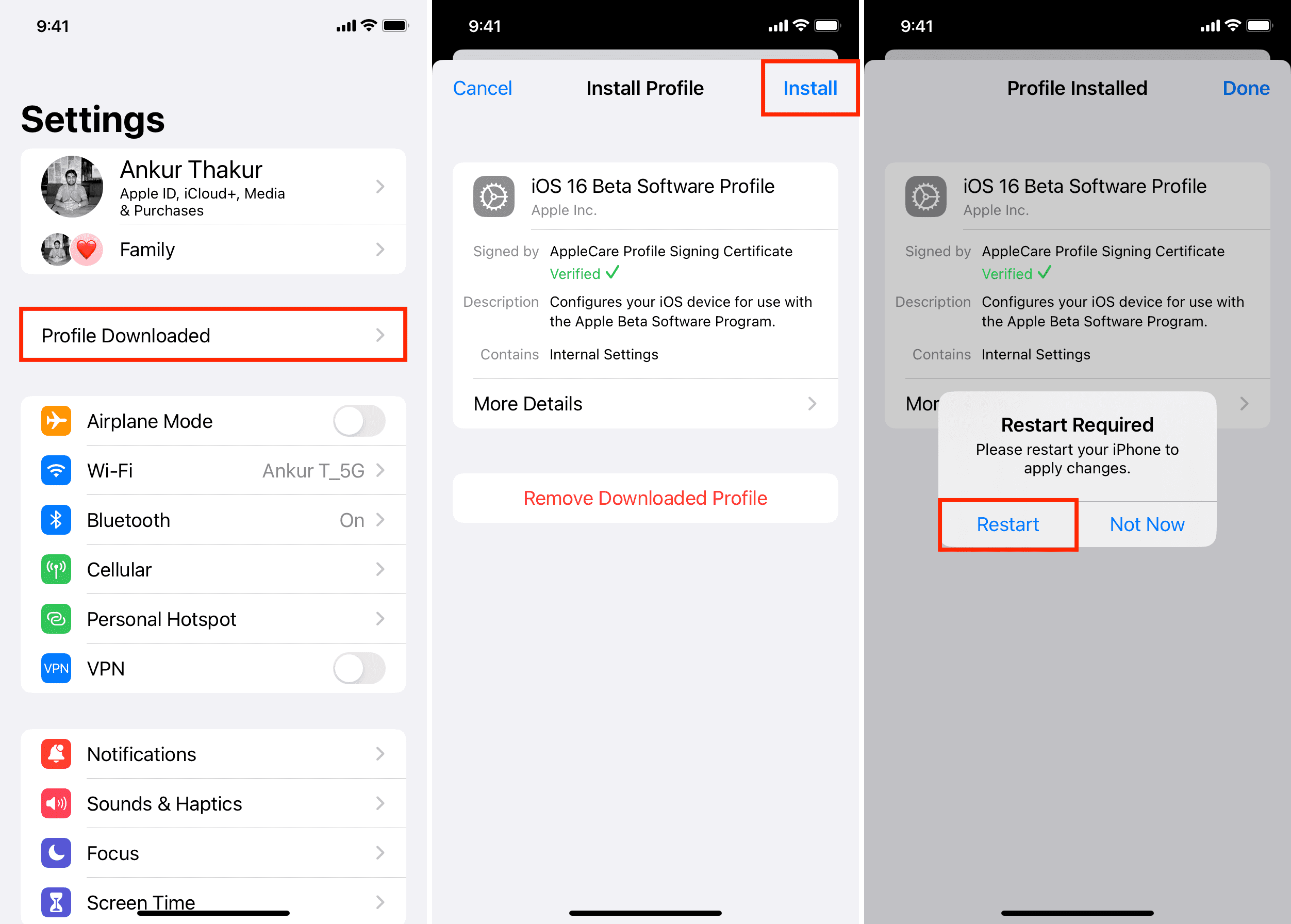 Install iOS beta profile and restart iPhone