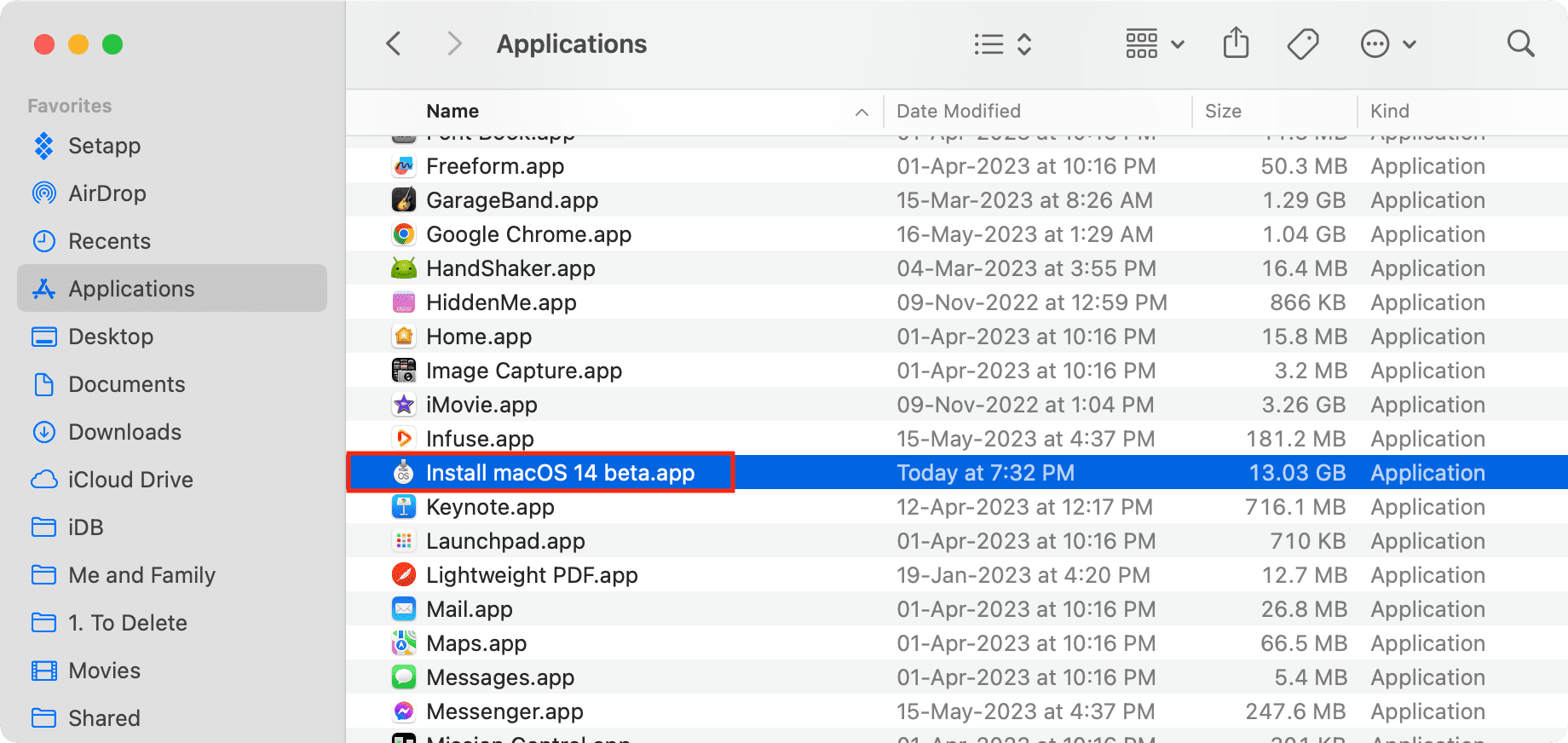 Install macOS 14 beta file in Applications folder on Mac