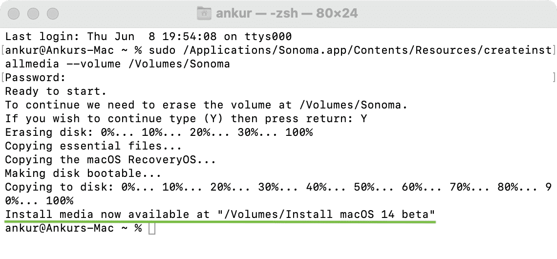 Install media now available message in Terminal for macOS Sonoma