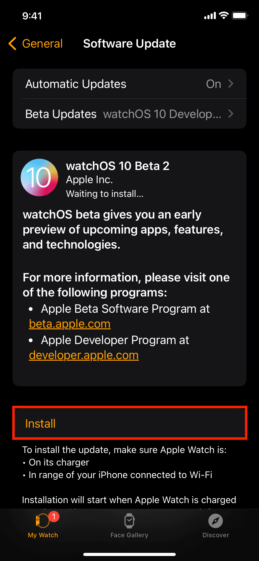 Install watchOS 10 developer beta on Apple Watch